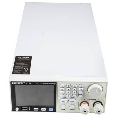 Sprednji pogled napajalne enote VOLTCRAFT VSPP-2030 za enosmernik s praznim zaslonom, tipkovnico, nadzornim gumbom in izhodnimi terminali.