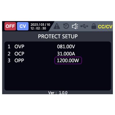 Napajanje zaslona 'ZAŠČITA NASTAVITVE' prikazuje OVP 081.00V, OCP 31.000A in OPP 1200.00W s stanjem OFF in CV.