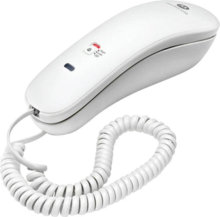 Bela telefonska slušalka s spiralno kablom, s rdečo indikatorsko lučko in gumbi za kontrolo glasnosti na vrhu.