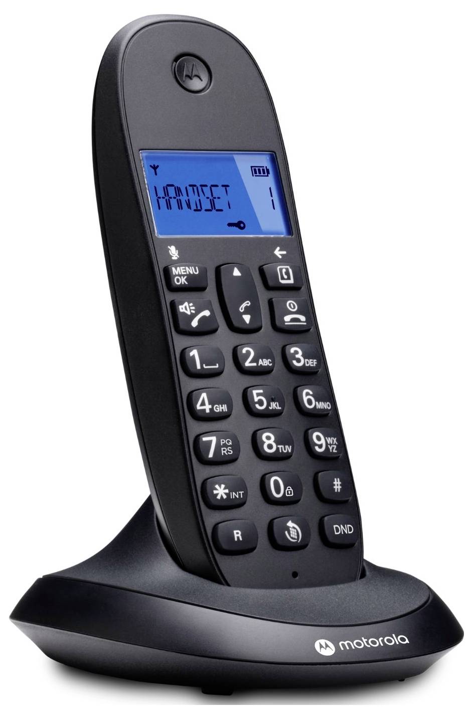 Črna brezžična telefona Motorola na polnilni postaji, z zaslonom, ki prikazuje "HANDSET" in ikono baterije.