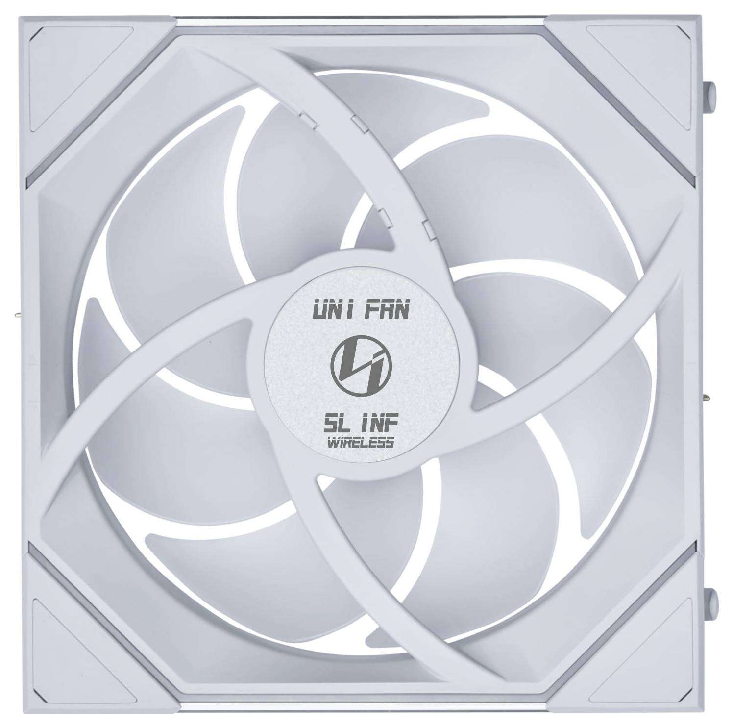 Bel računalniški hladilni ventilator z oznako 'UNI FAN SL INF WIRELESS' z značilno obliko lopatic in minimalističnim okvirjem.