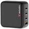 Črna polnilnica Verbatim USB s tremi vhodi na strani, označena s posebnostmi izhodne moči: dva vhoda USB-C PD 3.0 in en vhod USB-A QC 3.0.