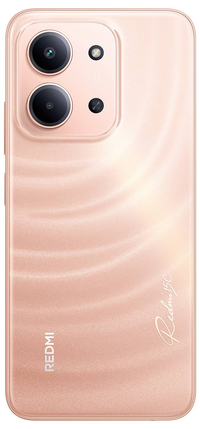 Pročni pametni telefon barve breskve z dvojno zadnjim kamero in napisom »Redmi« na hrbtni strani.
