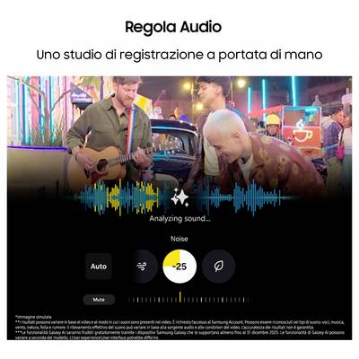 Dve osebi, ki igrata kitari v živahnem okolju; digitalni vmesnik z oznako »Analiza zvoka« s kontrolniki šuma spodaj.