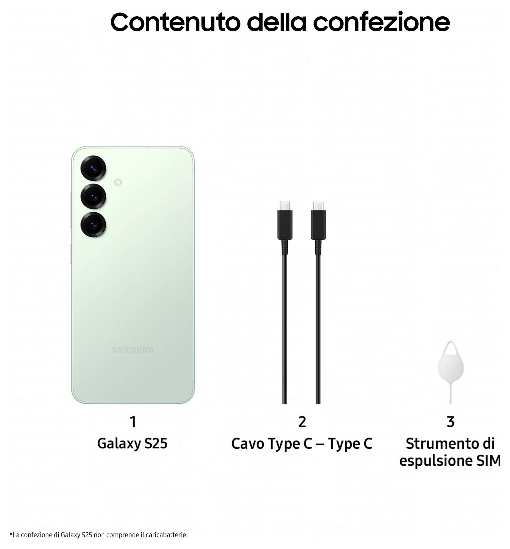 'Vsebina pakiranja': '1 Galaxy S25', '2 Kabel Type C - Type C', '3 Orodje za izmet SIM kartice'.