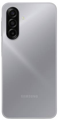 Srebrn pametni telefon s tremi zadnjimi kamerami, razporejenimi navpično, in LED bliskavico; logotip 'Samsung' na dnu.