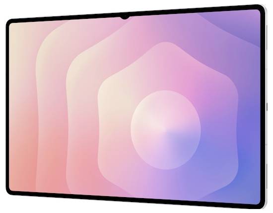 Digitalna ilustracija koncentričnih oblik v pastelnih roza in vijoličnih prehodih, prikazana na zaslonu elegantnega, sodobnega tableta.