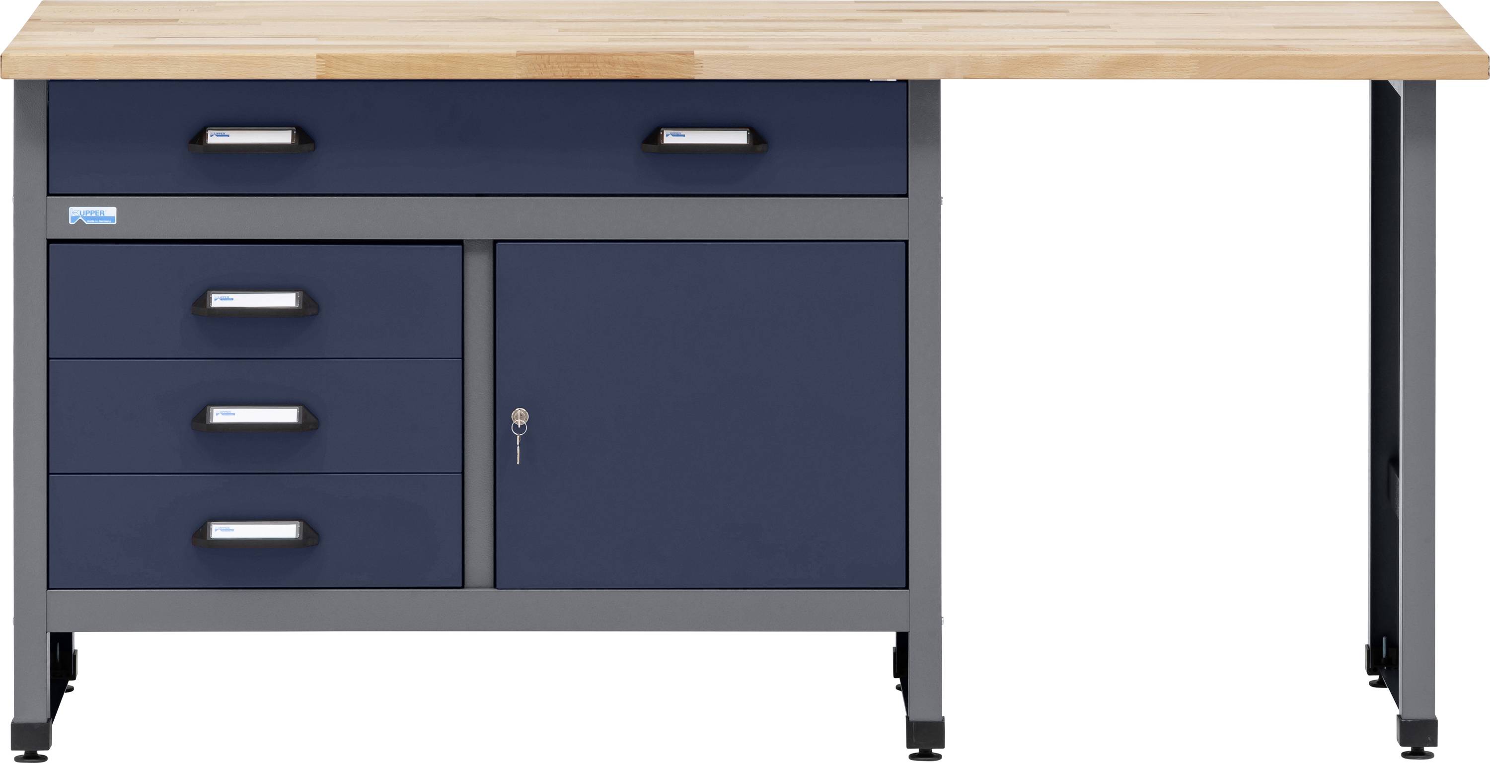Delovna miza z modro in sivo barvo ter lesenim vrhom. Ima tri preddale in omaro s ključavnico, primerno za organizacijo orodja in pripomočkov.