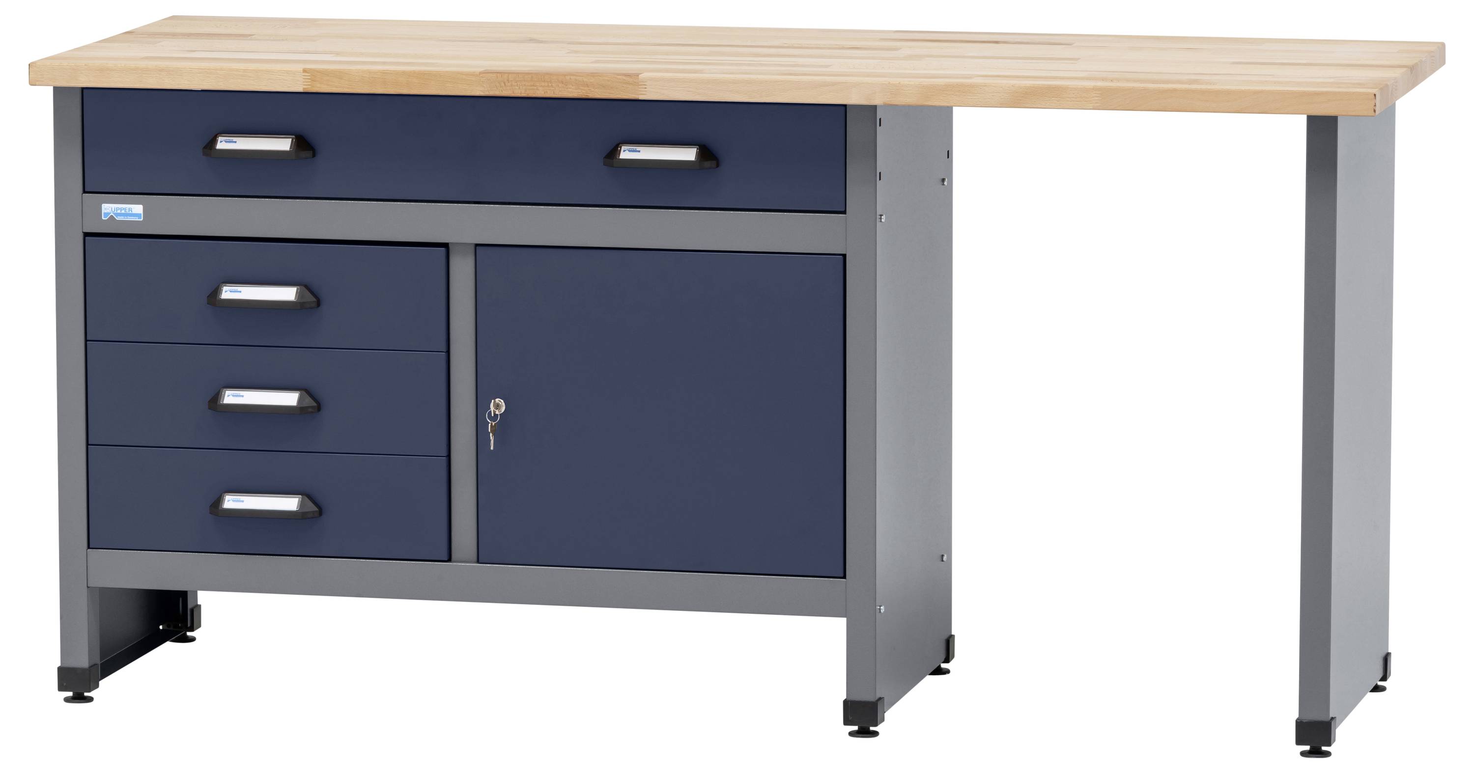 Delovna miza v sivi in modri barvi z lesenim vrhom ima več predaleov in omarico, kar zagotavlja funkcijsko skladiščni prostor.