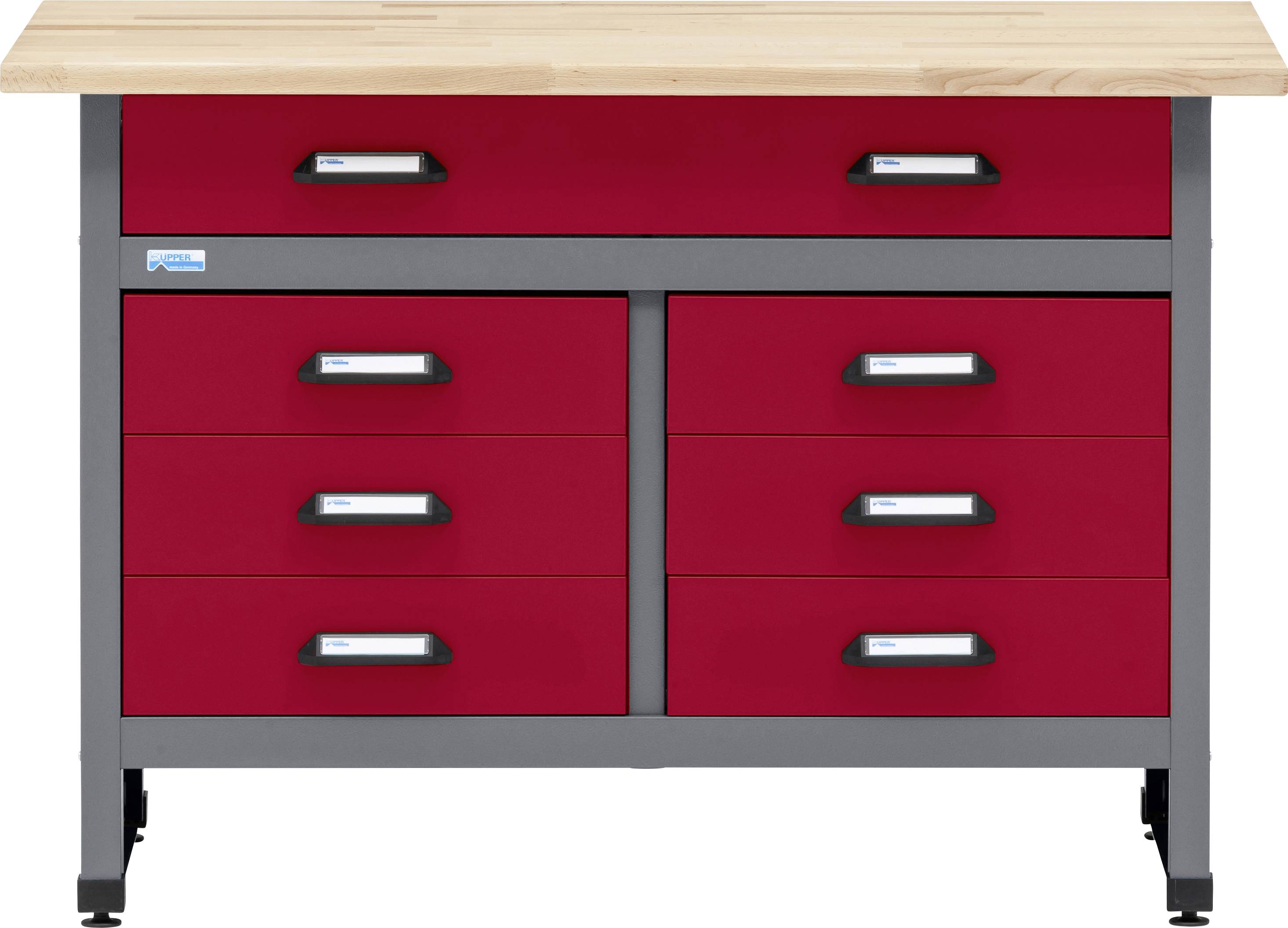 Rdeča omarica za orodje s svetlo leseno površino. Ima en dolg predal na vrhu in šest manjših predalov spodaj, razporejenih v dva stolpca.