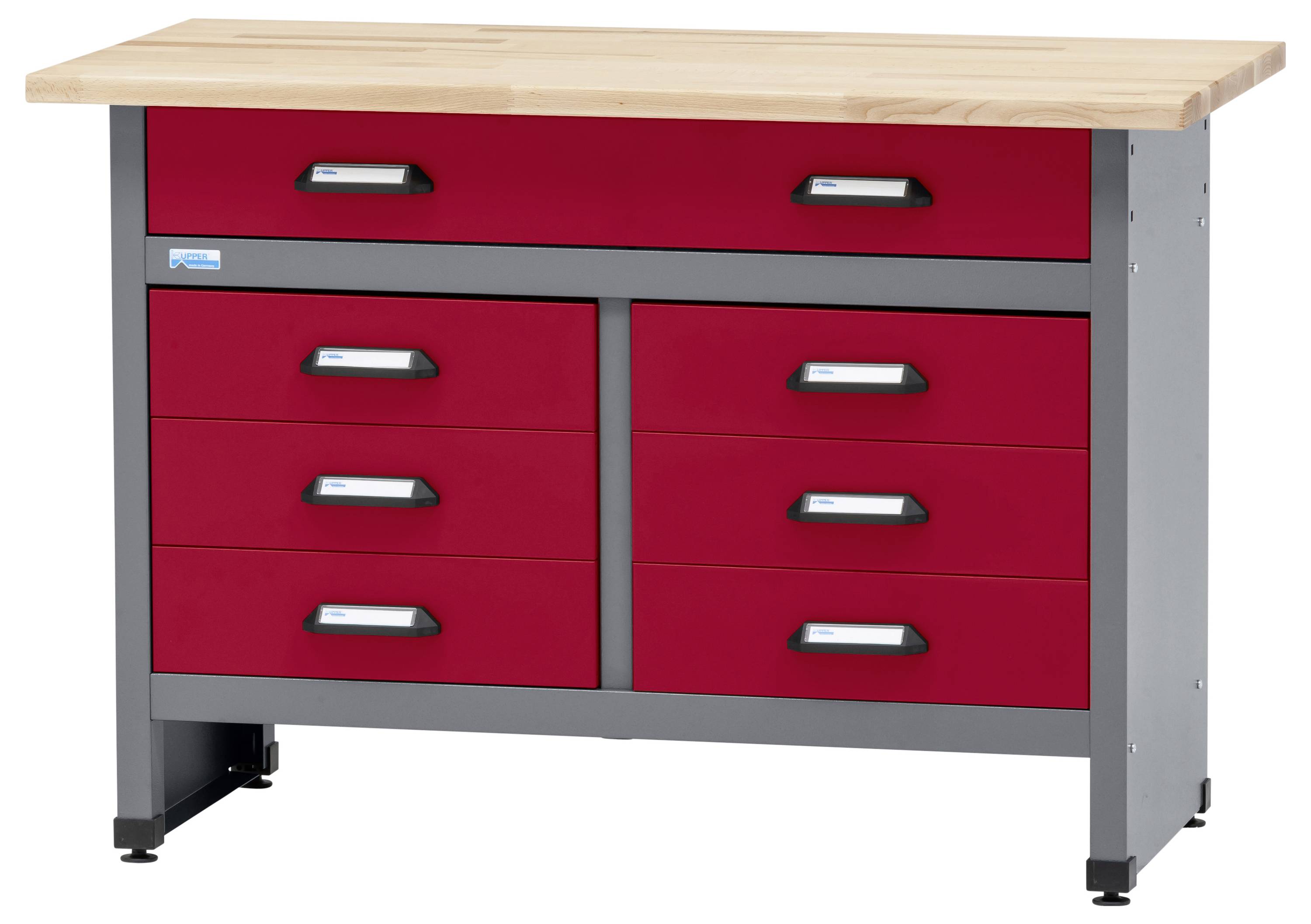 Trdna delavnica z lesenim vrhom in osmimi rdečimi presljedami, zasnovana za učinkovito shranjevanje in delovno površino v delavnici.