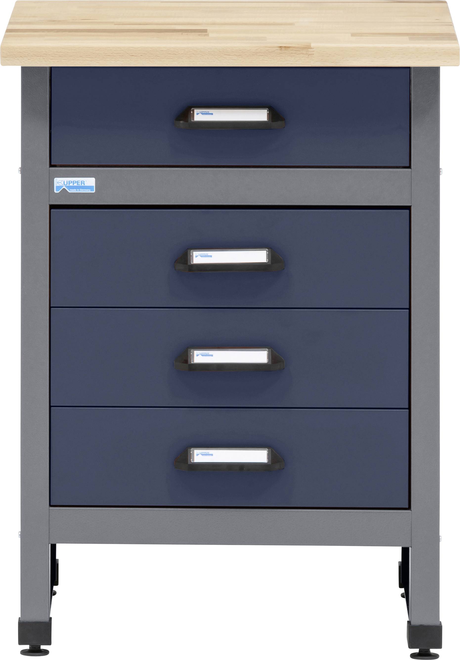 'Majhna omara z lesenim vrhom, z enim majhnim predalcem na vrhu in tremi večjimi predali spodaj, vsi v temno modri barvi.'