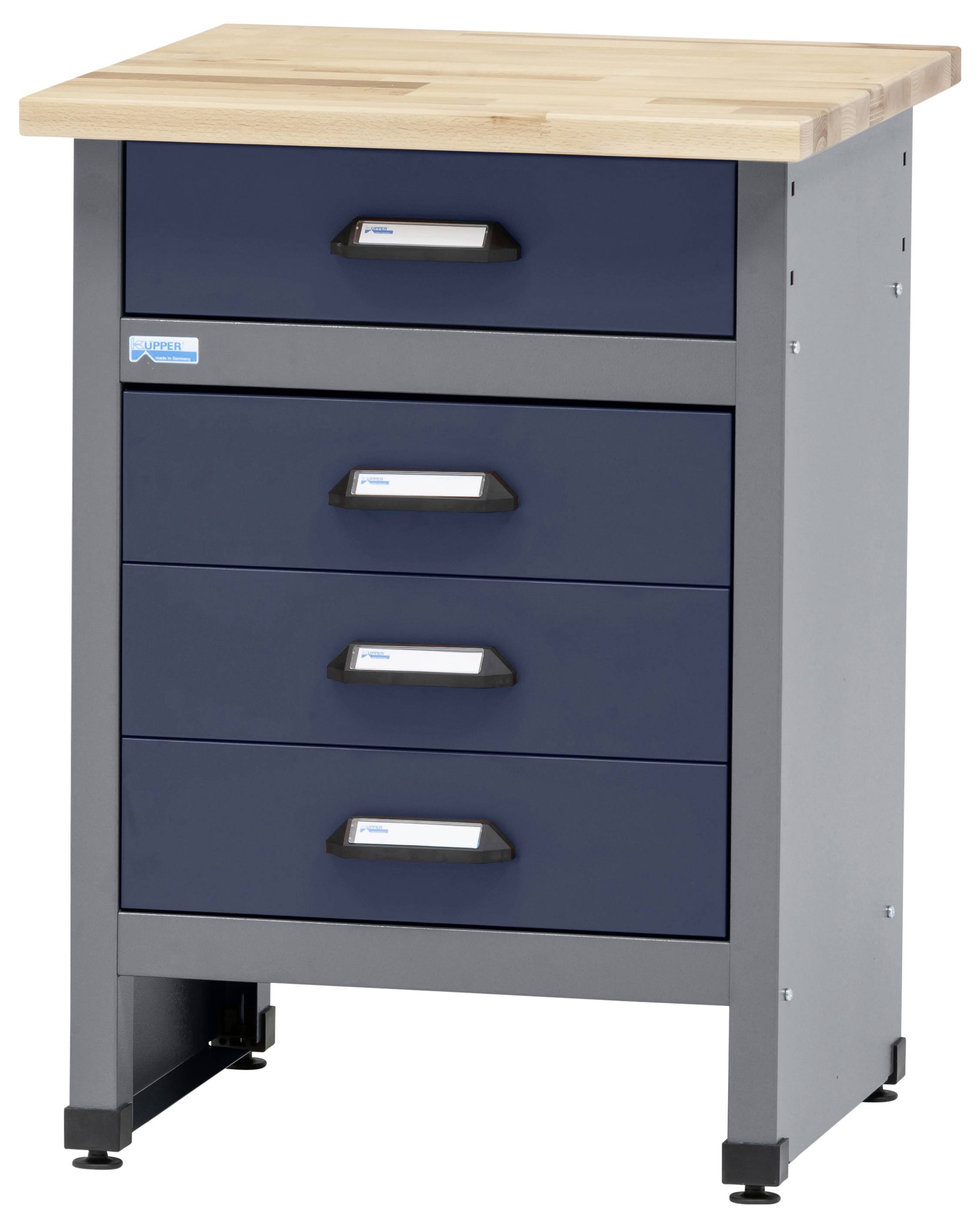 Kovinski ormarek za orodje z lesenim vrhom, opremljen s štirimi modrimi predali s črnimi ročaji, namenjen skladiščenju v delavnici ali garaži.