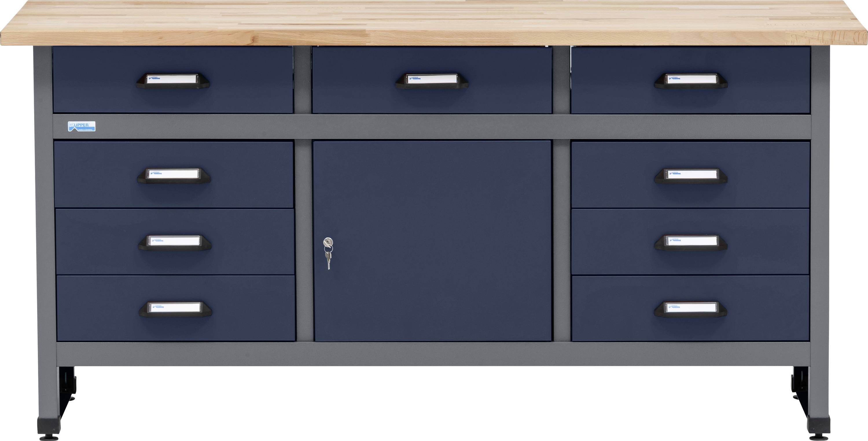 Modra kovinska delovna miza z lesenim vrhom, z desetimi predali različnih velikosti in osrednjim zaklenjenim omarom, namenjena za shranjevanje orodja.