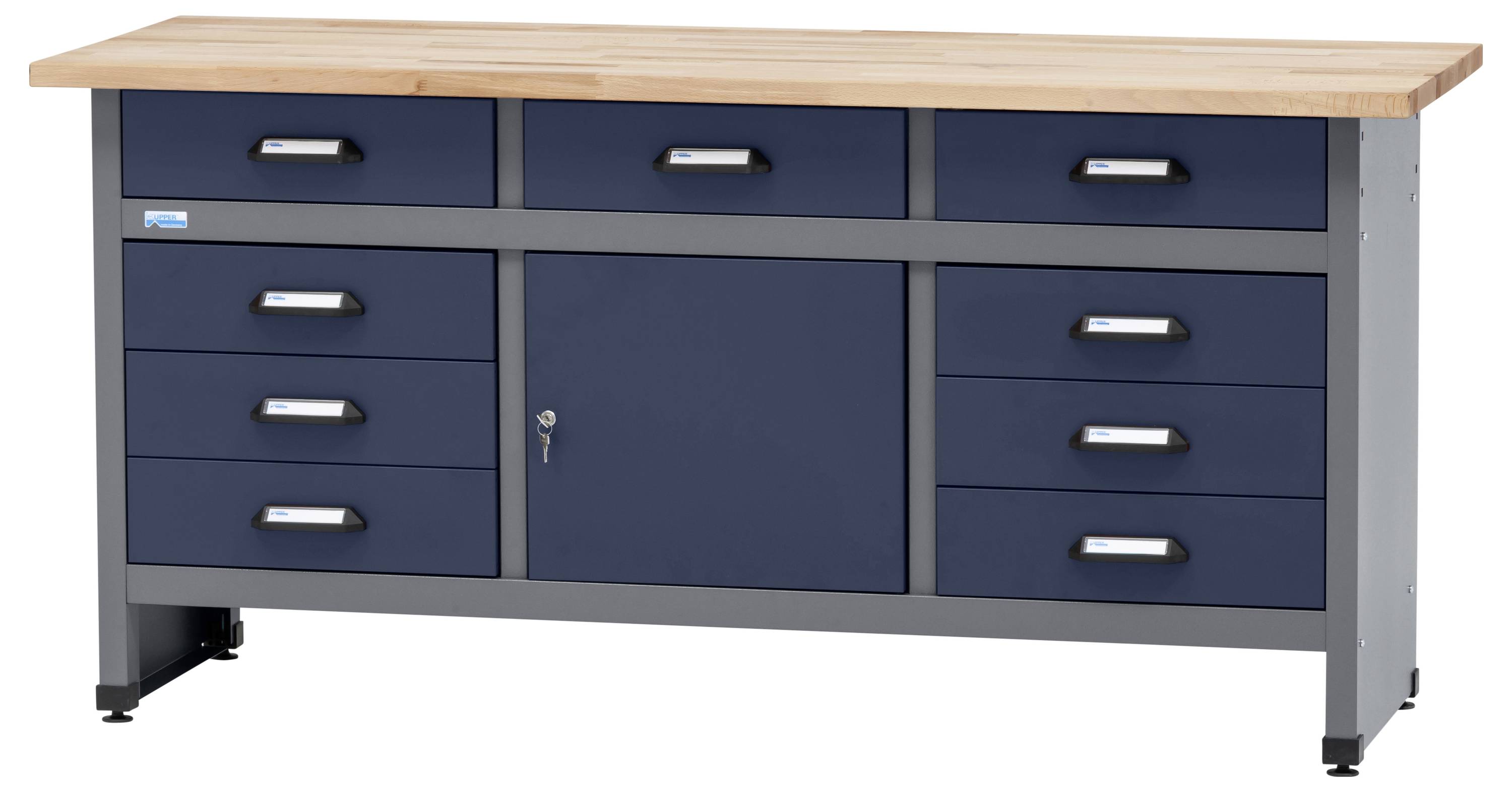 Siva in modra delavnica z lesenim vrhom ima osem predalov in osrednji zaklenljivi ormar. Primerna za organizacijo orodja.