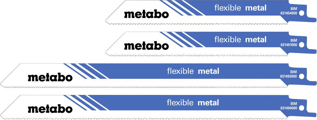 Štiri žagine ploščice Metabo z oznako »fleksibilni metal« razporejene v obliki ventilatorja, ki prikazujejo njihove različne velikosti in primerenost za rezanje kovin.
