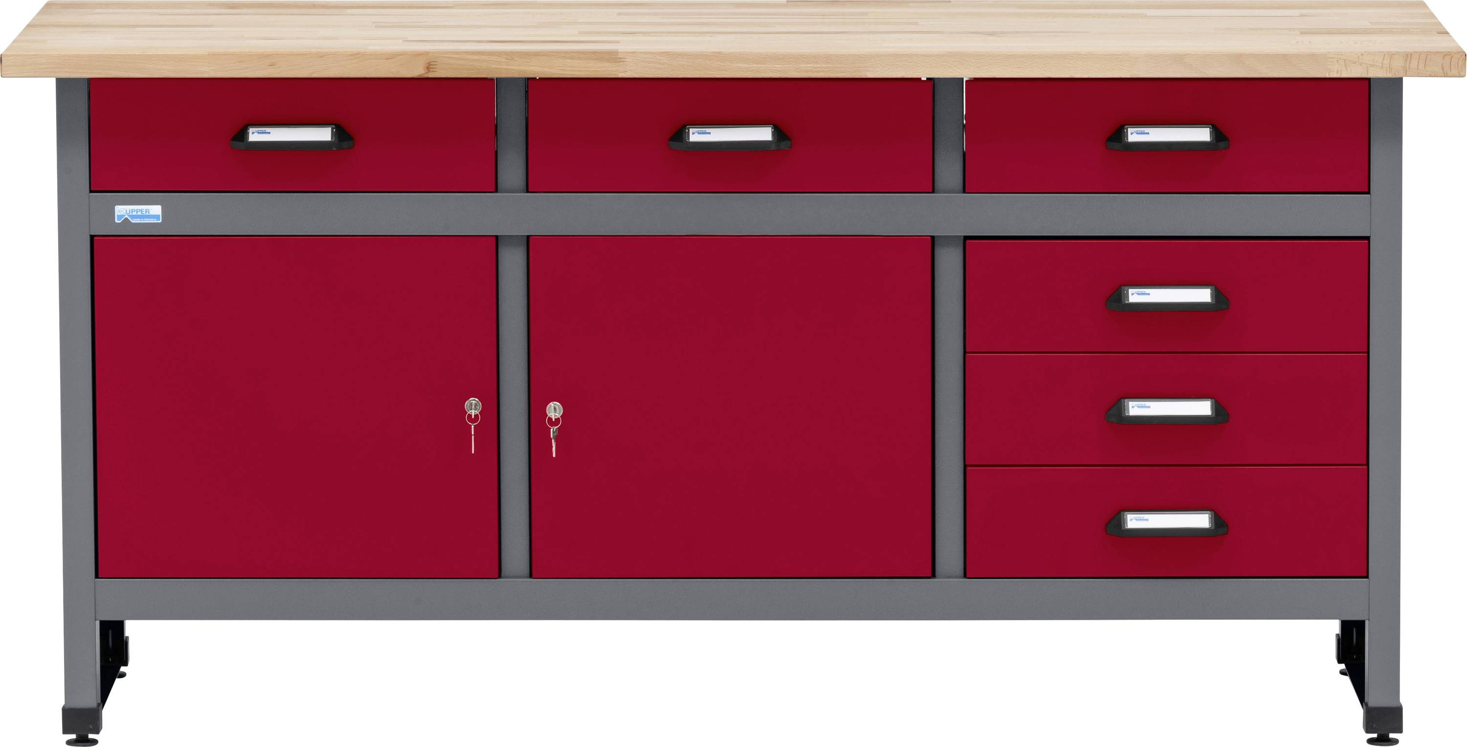 Rdeča in siva delovna miza z leseno ploščo, z dvema omari z zaklenjivimi vrati in petimi predali za shranjevanje orodja.