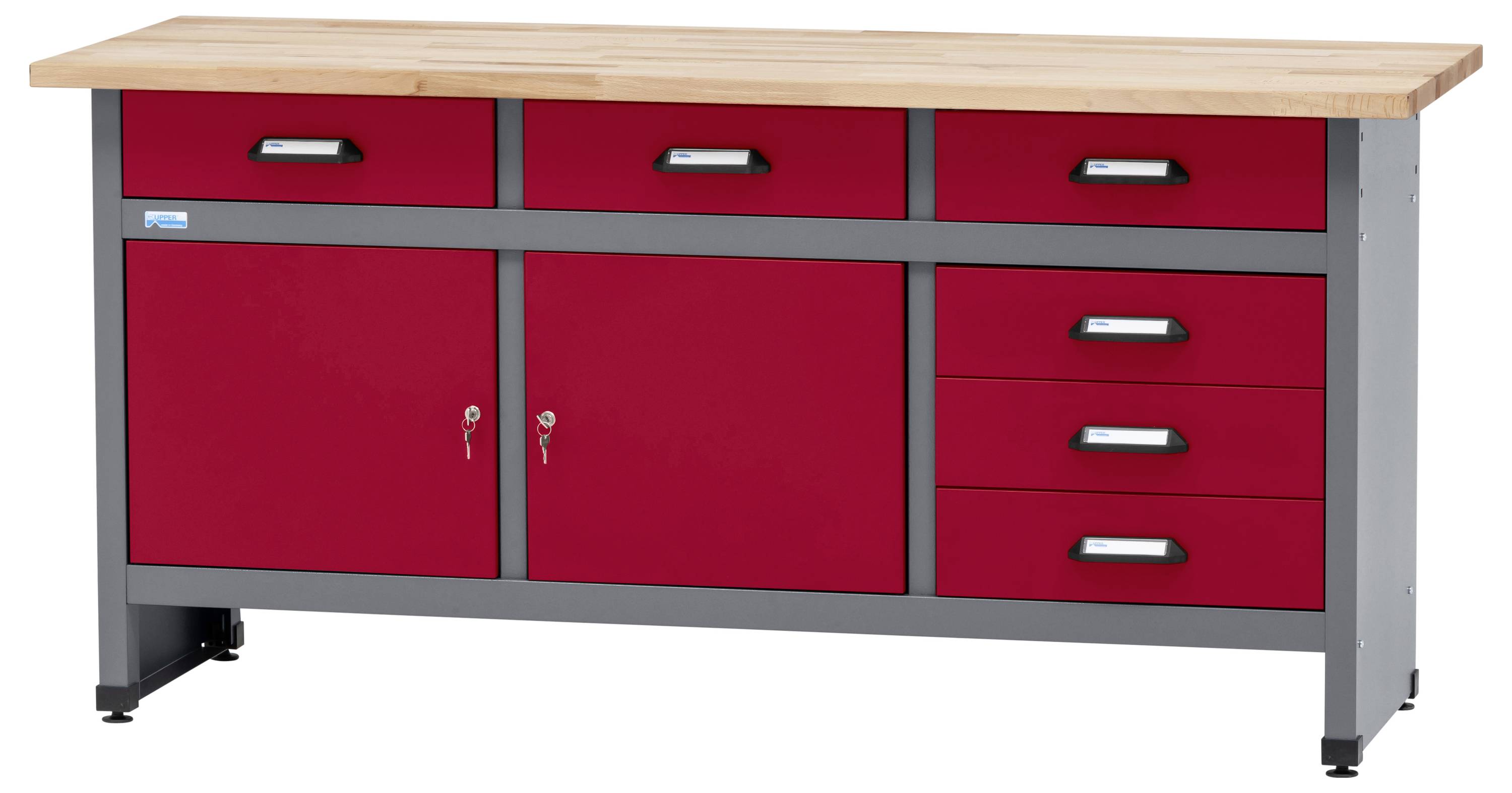 Rdeča kovinska delavnica z lesenim vrhom ima tri predale, dve zaklepani omarici in dodatni niz štirih manjših predal.