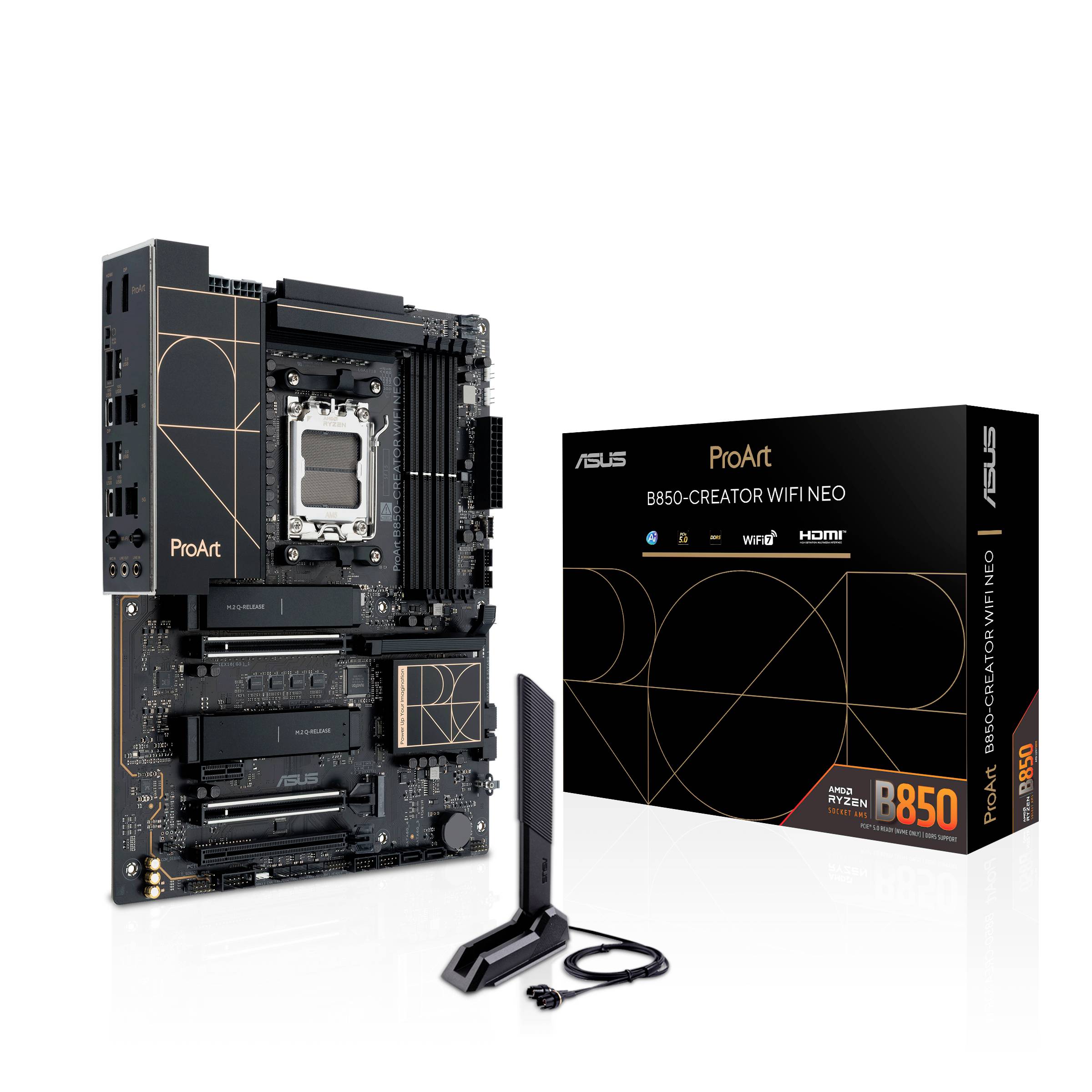 Matična plošča ASUS ProArt B650-Creator WiFi s škatlyo in WiFi anteno; ima vtičnico AMD AM5, PCIe 5.0, HDMI, podporo za USB 3.2.