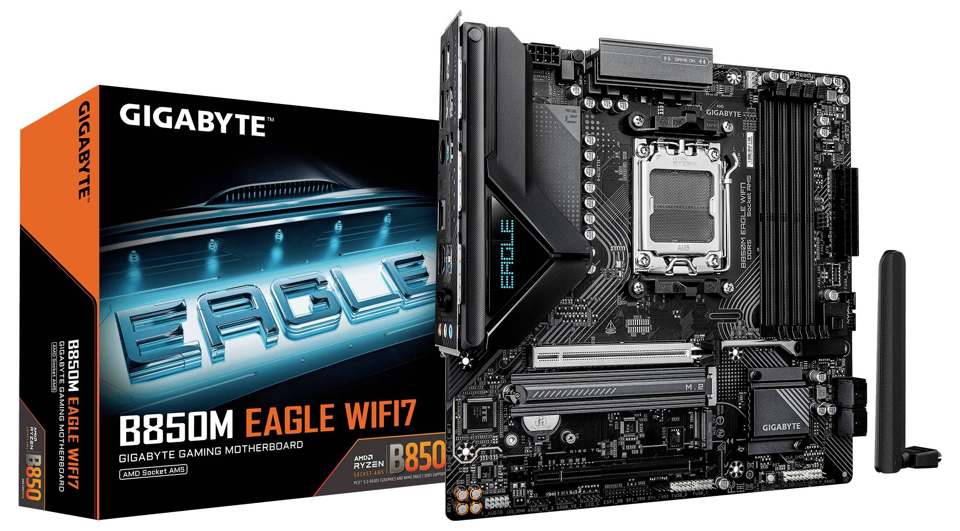 Matična plošča Gigabyte B850M Eagle WiFi7 prikazana z maloprodajno škatlo in priloženo brezžično anteno.