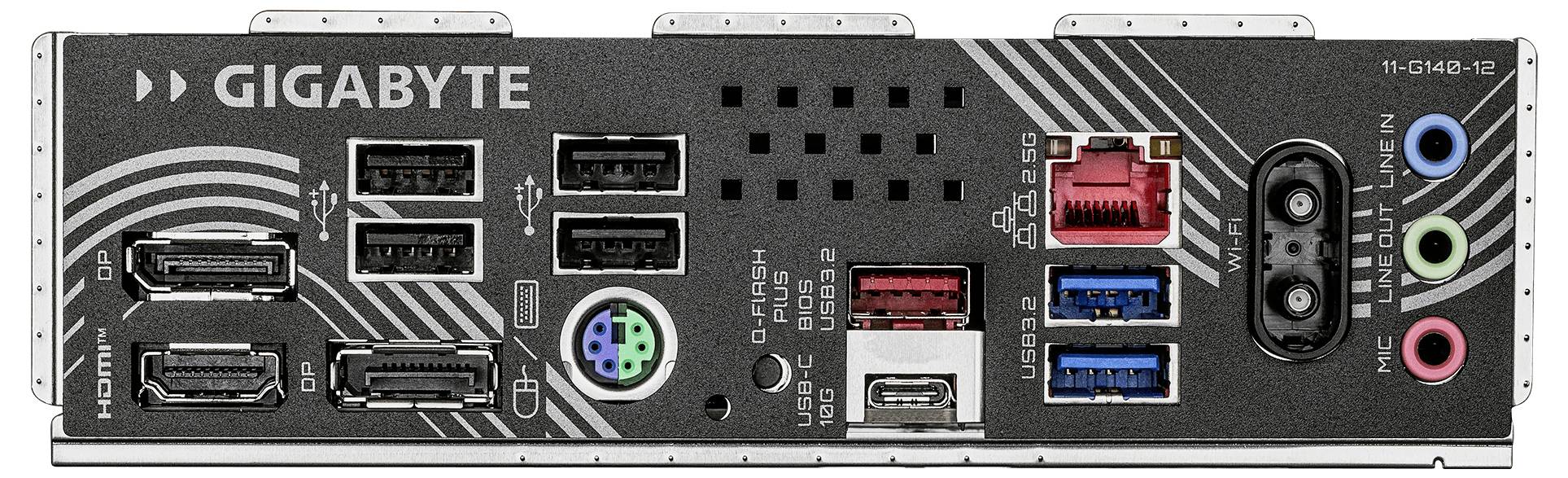 Zadnji I/O panel matične plošče GIGABYTE s PS/2, USB, HDMI, Ethernet in zvočnimi vhodi ter optičnim S/PDIF izhodom.