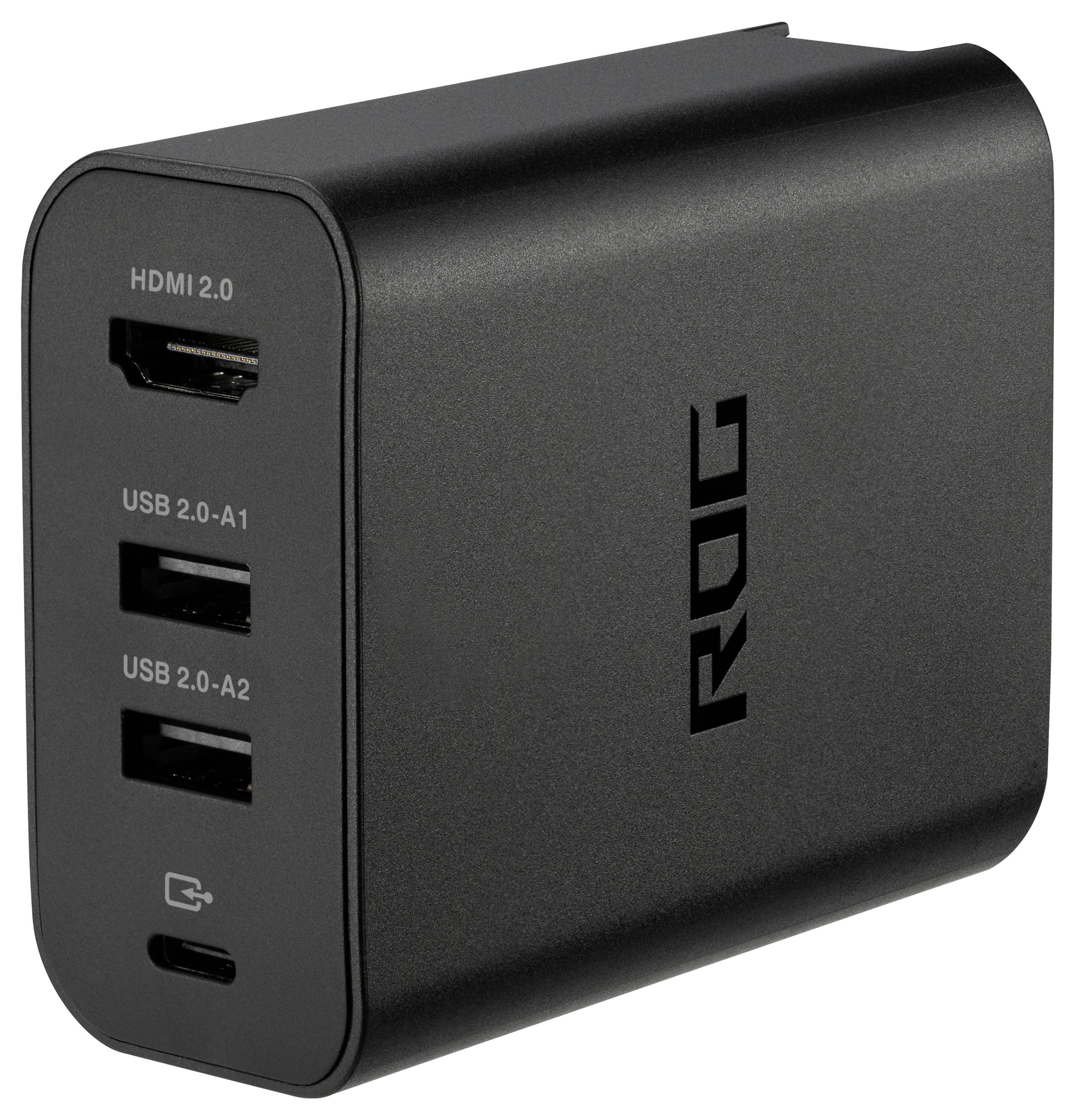 Črni adapter s priključki HDMI 2.0 in USB 2.0, označeni z A1 in A2, s poudarkom 'ROG'.