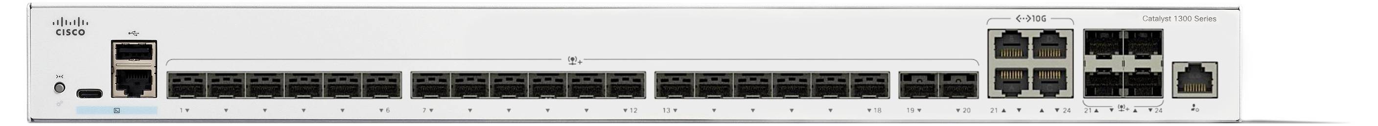 'Omrežni stikalni sistem Cisco z več vrati Ethernet in povezavami optičnih vlaken, skupaj s statusnimi LED indikatorji, namenjen za usmerjevanje omrežja.'