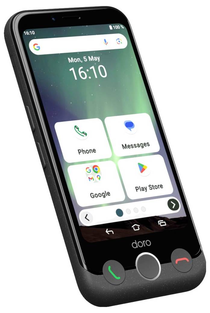Pametni telefon s prikazanimi ikoni za Telefon, Sporočila, Google in Play Store na zaslonu z velikimi, enostavnimi gumbi za dostopnost.