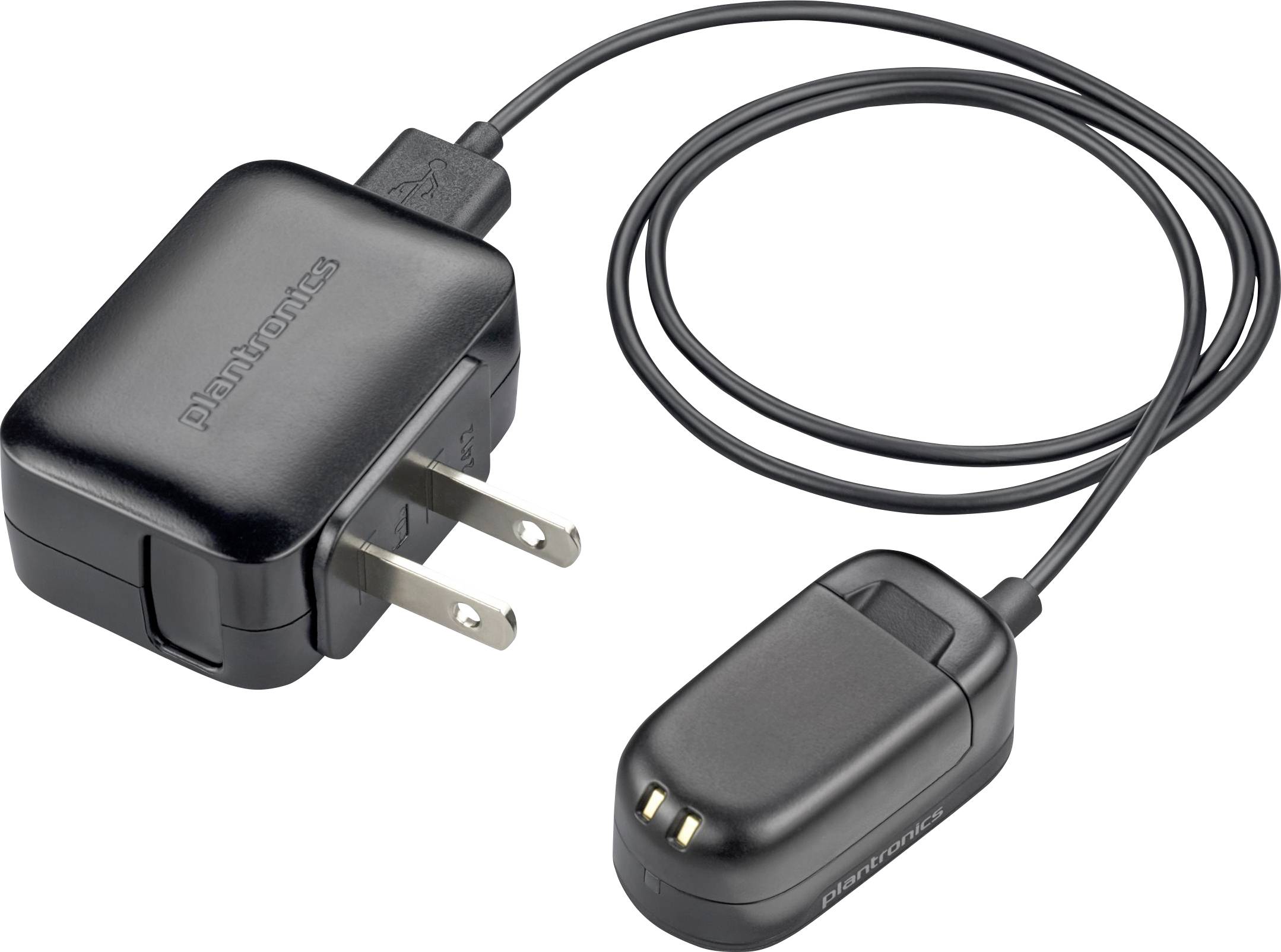 Črn polnilnik Plantronics za steno z USB kablom in dvema kontaktoma, zasnovan za polnjenje naglavnih slušalk ali podobnih naprav.