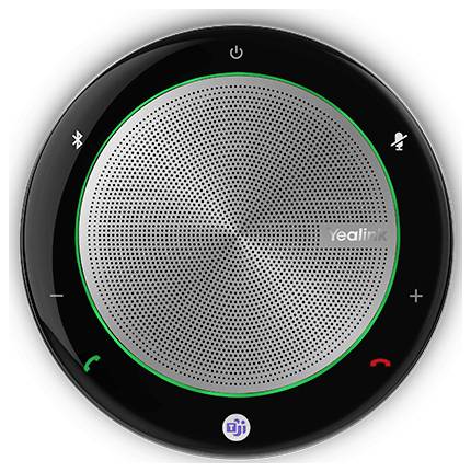 Okrogel telefonski zvočnik s kovinsko mrežo, opremljen z regulatorji glasnosti, gumboma za utišanje/vključitev zvoka in ikonami za upravljanje pogovorov, blagovna znamka 'Yealink'.
