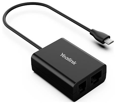 Črn omrežni adapter z USB-C priključkom na eni strani in dvema priključkoma Ethernet na drugi strani, znamke 'Yealink'.