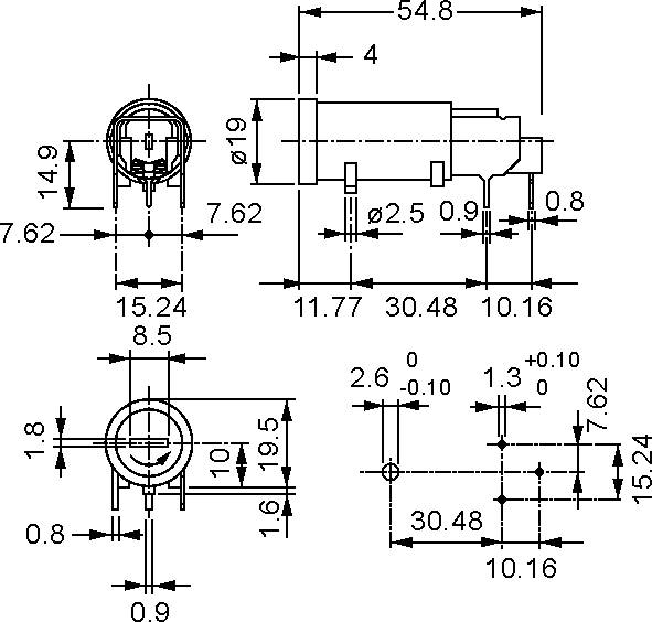 'Tehnični diagram elektronske komponente s podrobnimi merami v milimetrih, ki prikazuje različne poglede in dimenzije za sestavo.'