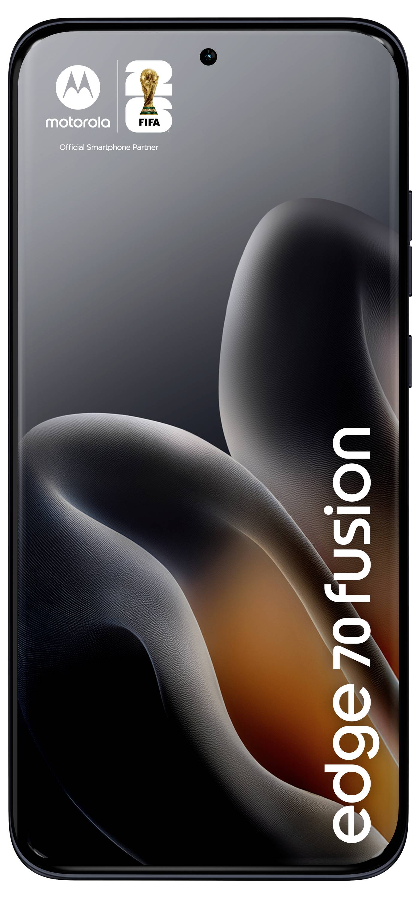 Pametni telefon Motorola, ki prikazuje »edge 70 fusion« s gladkimi, abstraktnimi sivimi in oranžnimi elementi oblikovanja na zaslonu.