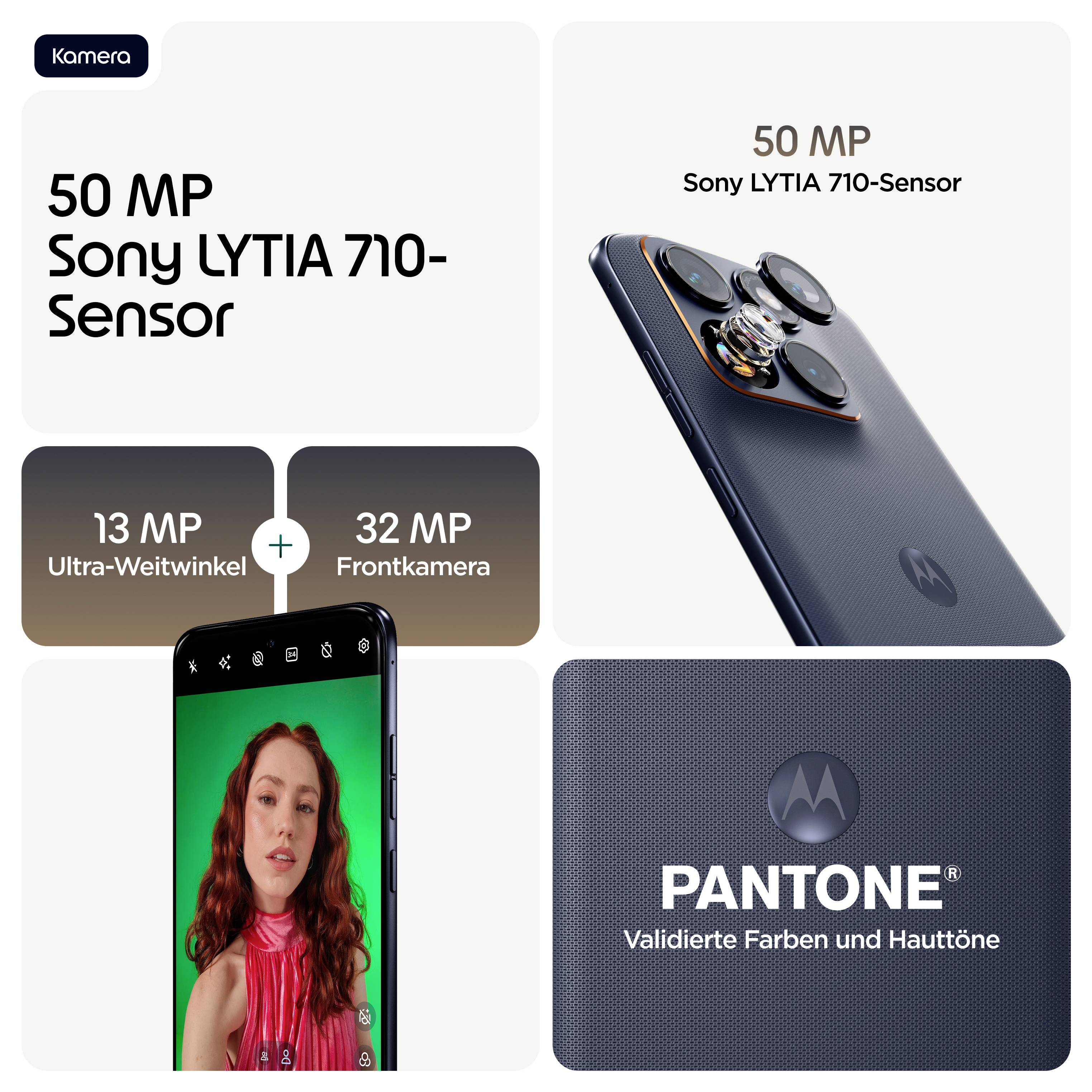 'Pametni telefon s 50 MP senzorjem Sony LYTIA 710, 13 MP ultra-širokokotno kamero in 32 MP sprednjo kamero. Ima barve, potrjene s strani Pantone.'