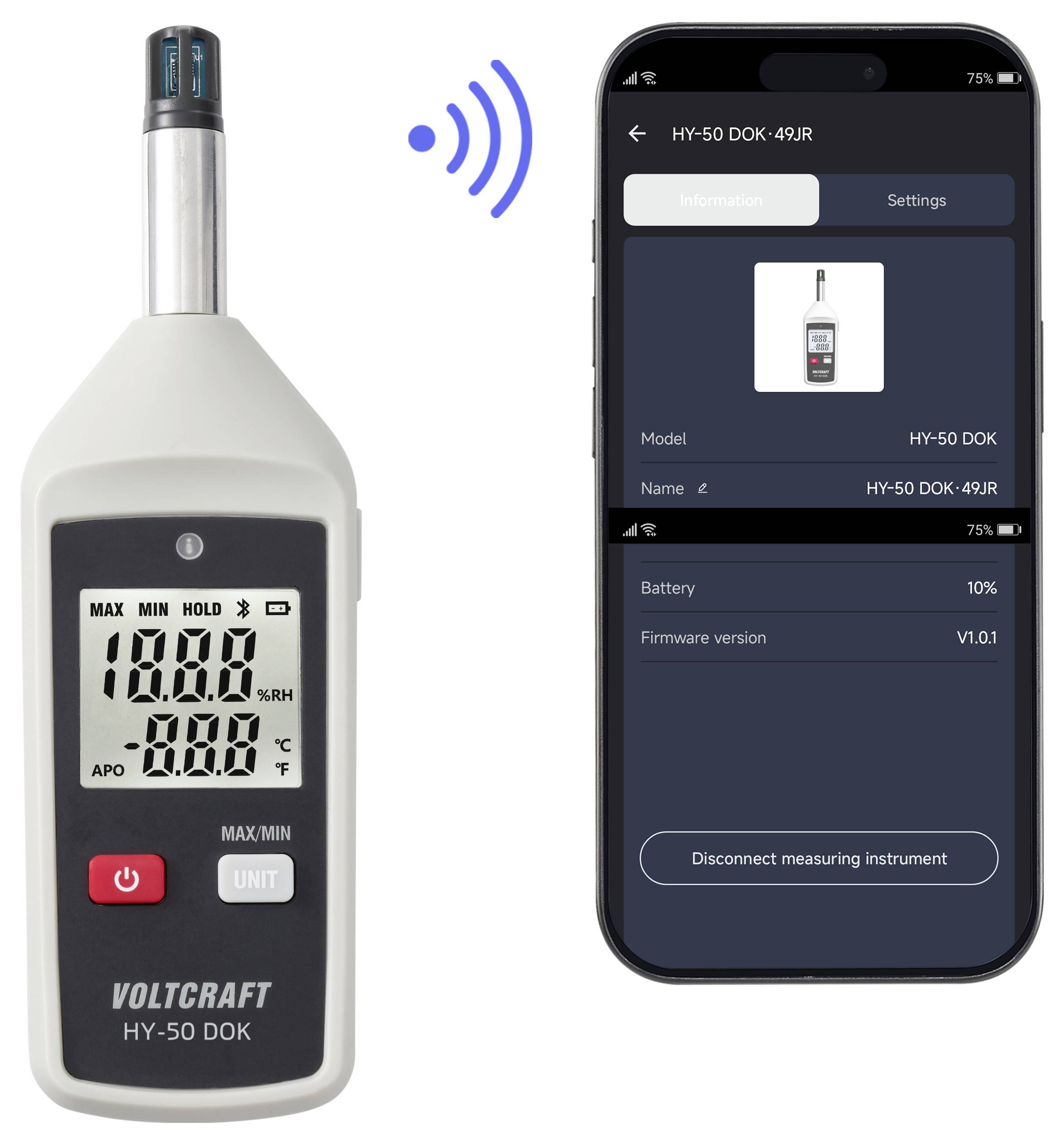 Prenosni higrometer VOLTCRAFT z brezžično povezavo na aplikacijo pametnega telefona, ki prikazuje podatke o napravi, raven baterije in gumb za odklop.