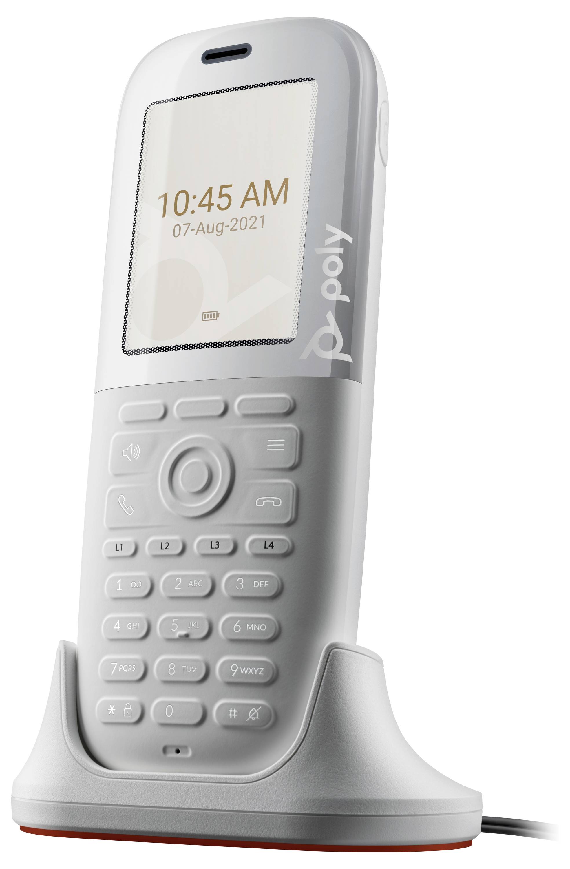 Poly brezžični namizni telefon na napolnjevalni podlagi, ki prikazuje 10:45 AM in 07-Aug-2021 na zaslonu.
