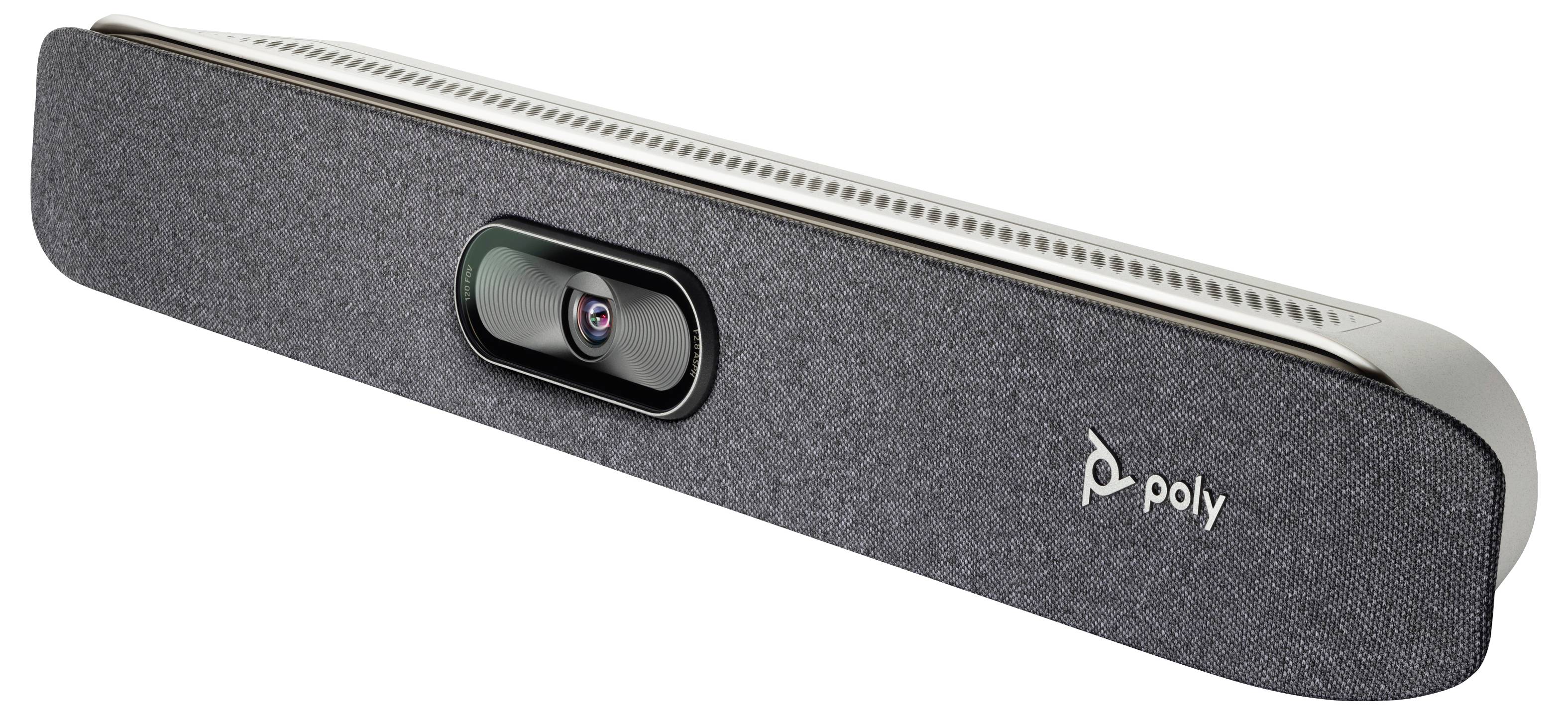 Poly video conferenčna vrstica s vgrajeno kamero, prikazana v temnem tekstilnem delovanju na beli podlagi.