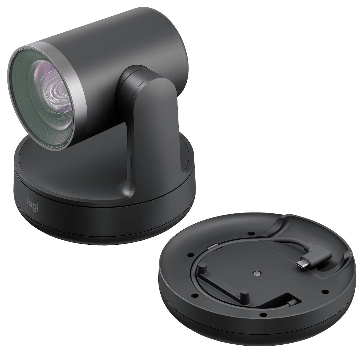 Črna konferenčna kamera Logitech PTZ s svojo okroglo montažno bazno ploščo ob njej.