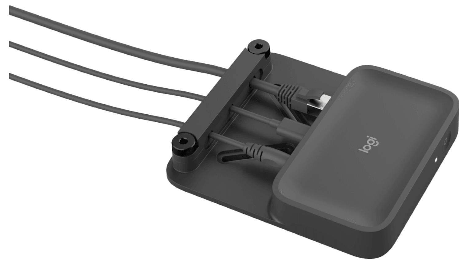 Tri črni kabli vključeni v majhno Logitech stojalo za upravljanje kablov z dvignjeno zadrževalno palico.