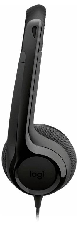 Črne ušesne slušalke Logitech s priloženim kablom, prikazane na beli podlagi.