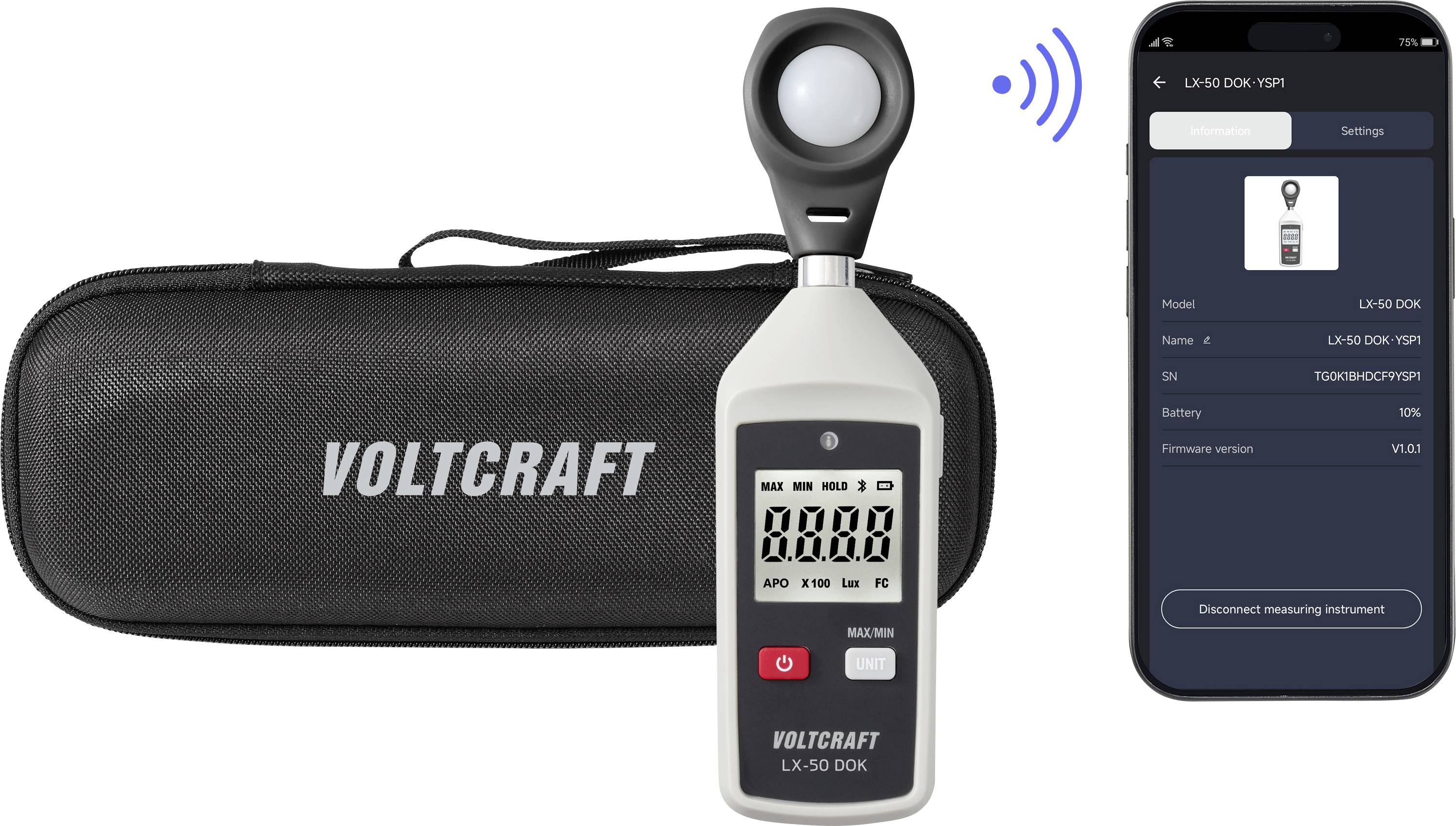 Voltcraft svetlomer komplekt s torbo za prenašanje, ročnim senzorjem in aplikacijo za pametni telefon, ki prikazuje povezano merilno napravo.