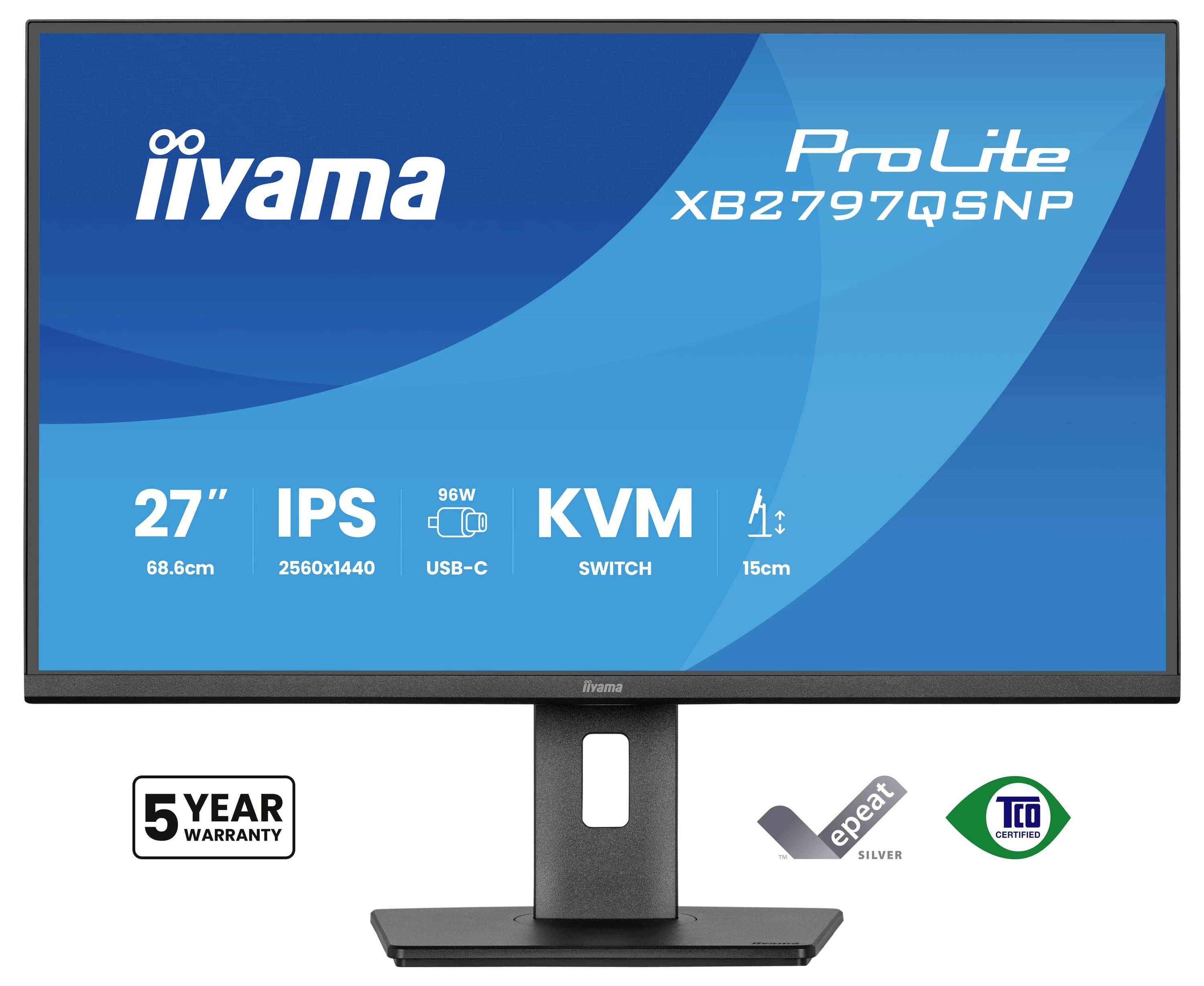 Slika prikazuje 27-palčni monitor iiyama ProLite s sledečimi lastnostmi: IPS, ločljivost 2560x1440, USB-C, stikalo KVM, 15 cm nastavljiv podstavek. Petletna garancija.