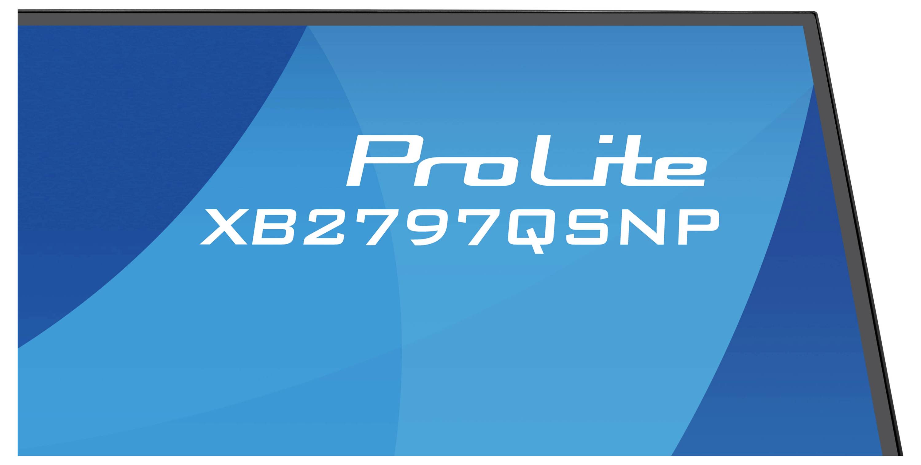 Logotip »Iiyama ProLite XB2797QSNP« v beli barvi na gradienten modrem ozadju, kar nakazuje branding zaslona ali monitorja.