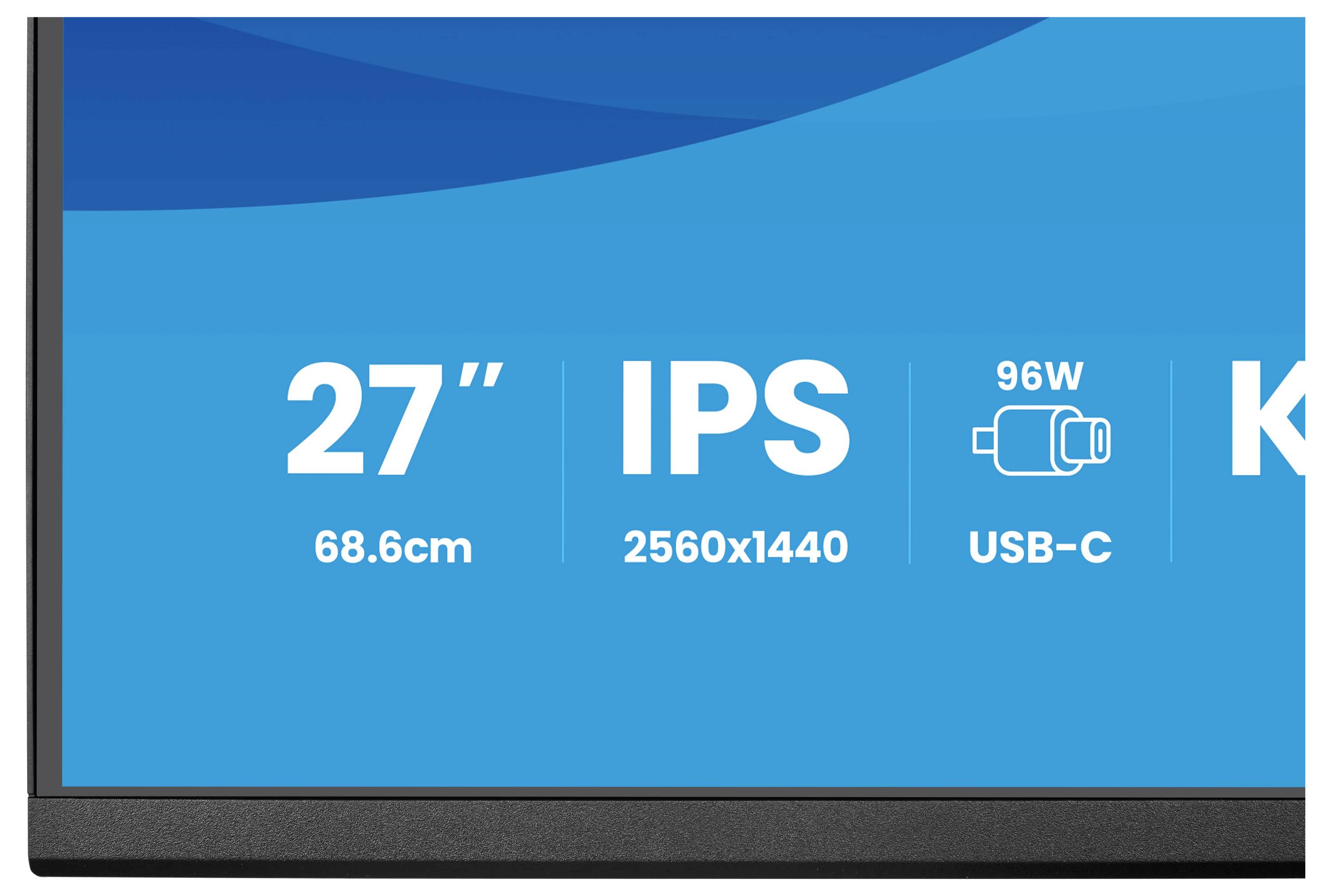 '27" 68,6 cm, IPS, 2560x1440, 96W USB-C' prikazano na zaslonu z delno vidnimi grafičnimi elementi v ozadju.