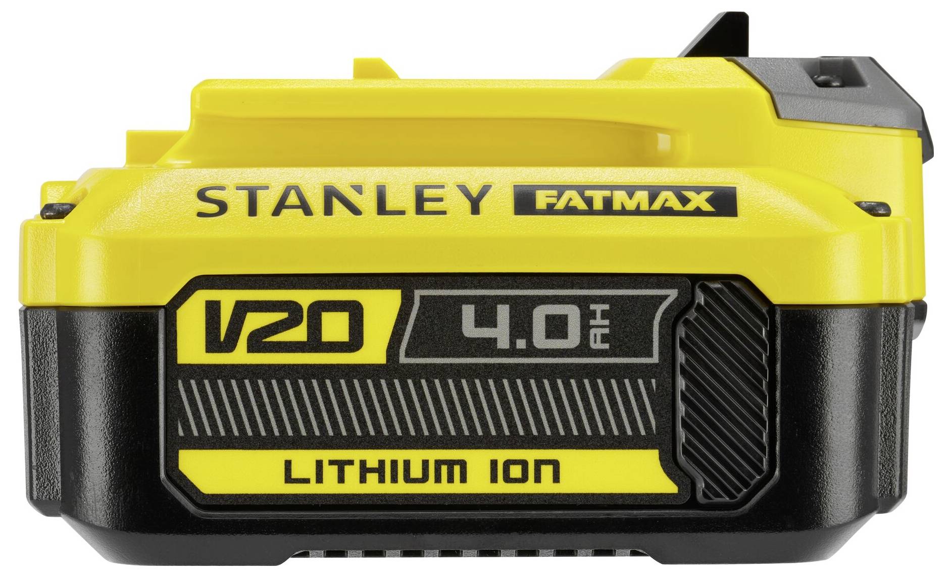 Baterija "STANLEY FATMAX V20 4.0 Ah Lithium Ion" prikazuje blagovno znamko in kapaciteto.
