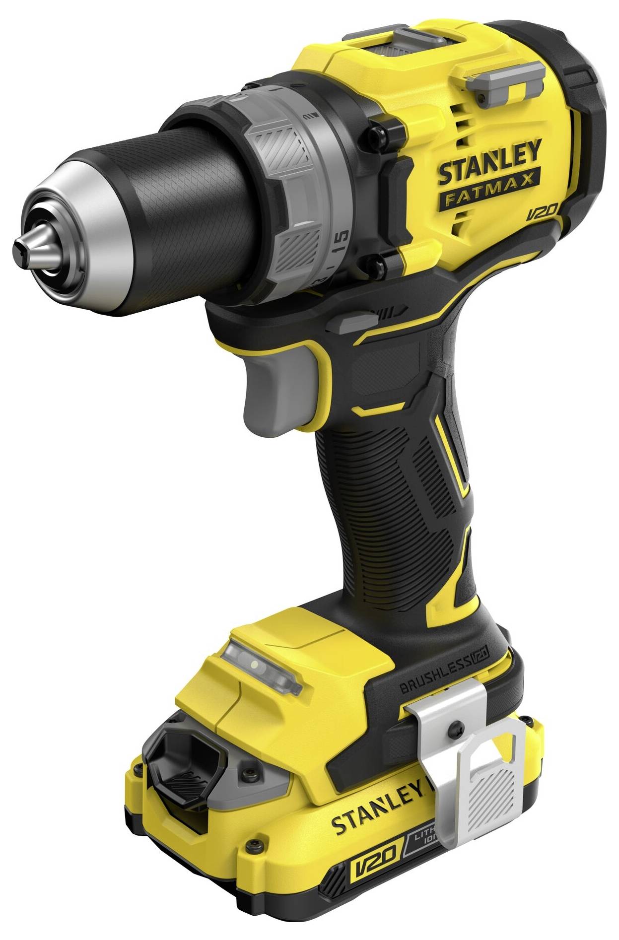 Rumena in črna brezžična vrtačka z oznako "Stanley Fatmax V20". Vrtačka ima udoben grip in brezključno glavo za menjavo nastavkov.