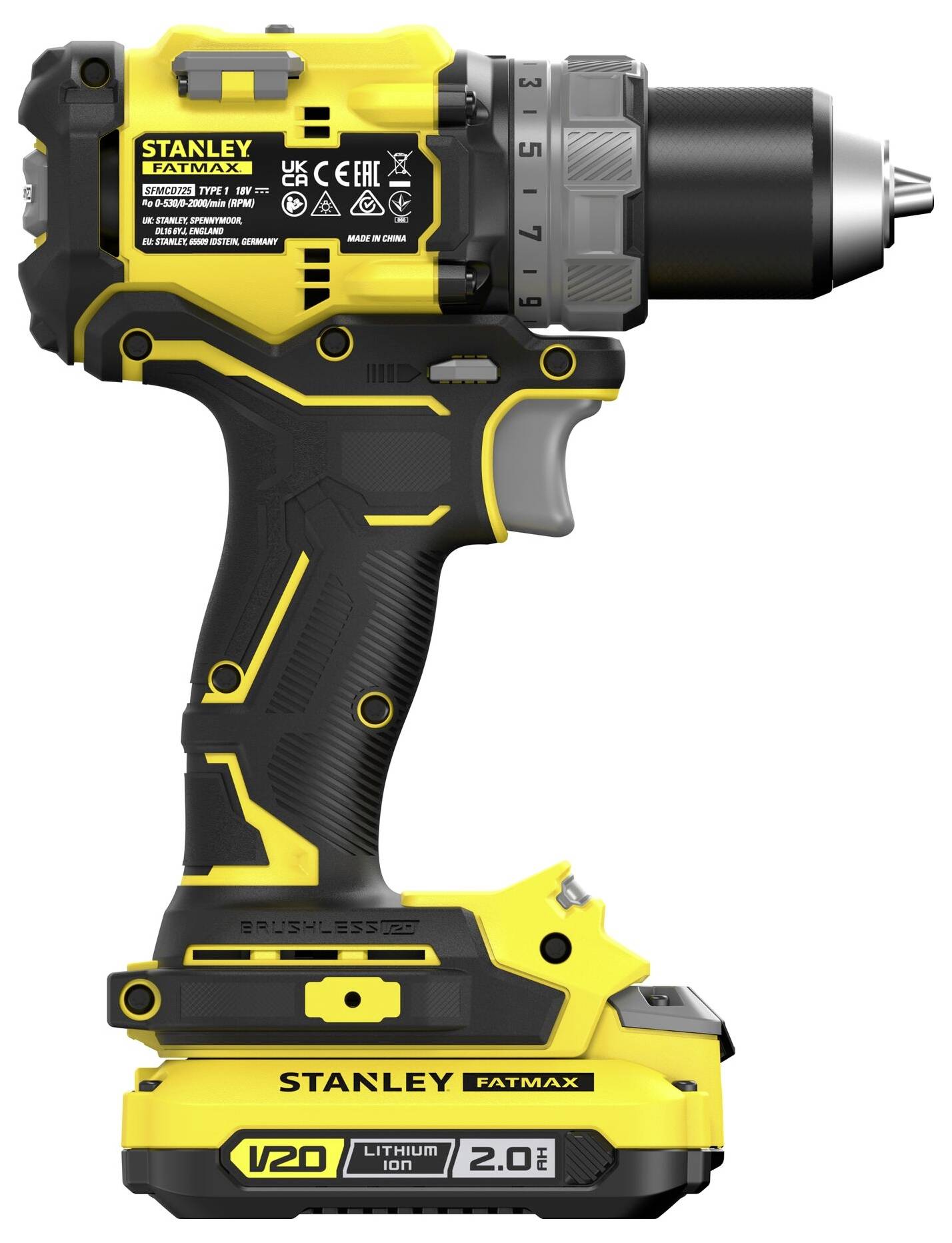 Rumeni in črni brezžični Stanley Fatmax vibracijski vrtalni stroj z litij-ionsko baterijo in nastavljivi nastavki.