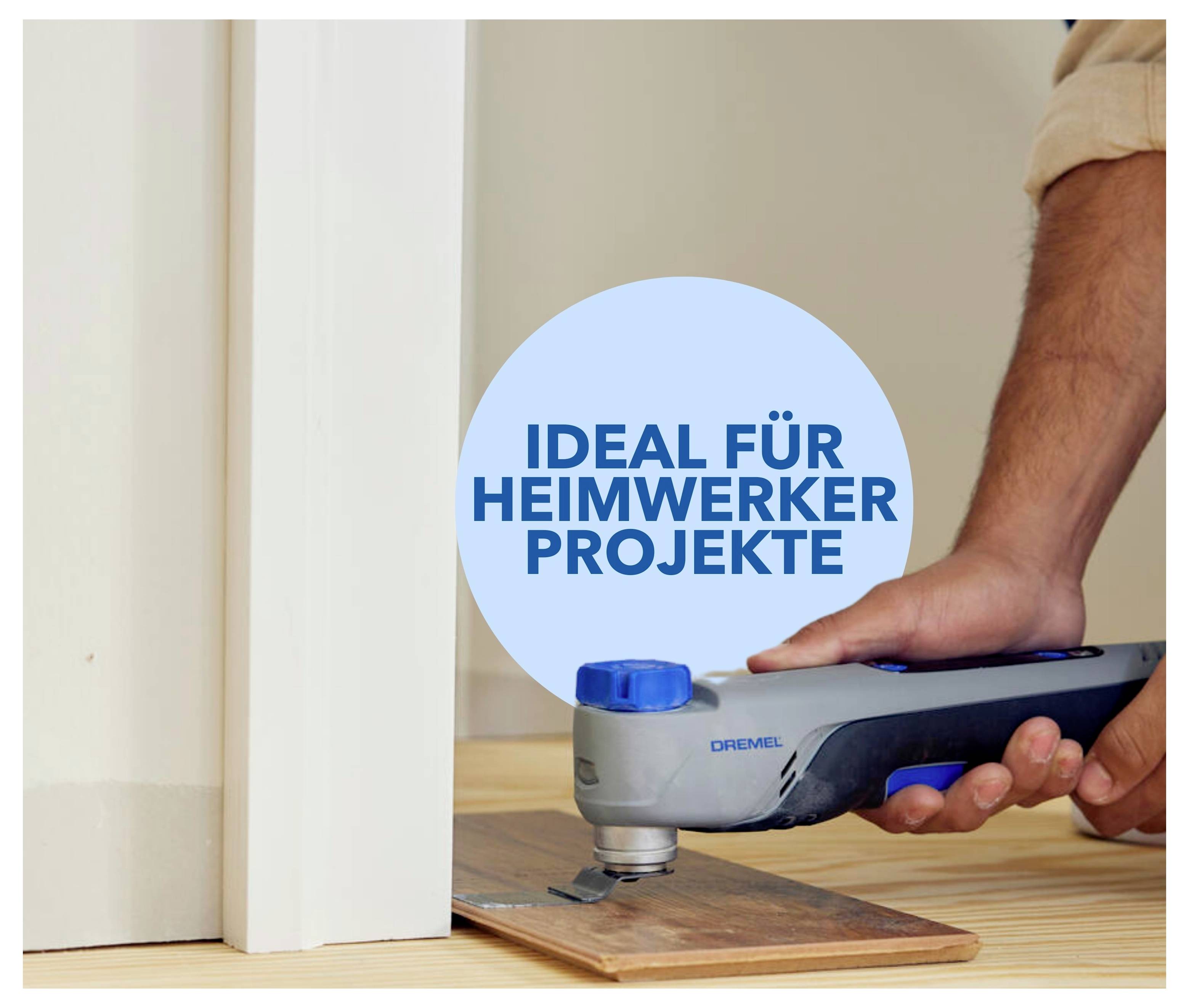 Oseba uporablja Dremel večnamensko orodje na leseni površini; poudarjeni so LED-svetloba, ergonomski ročaj in izbirnik projektov.