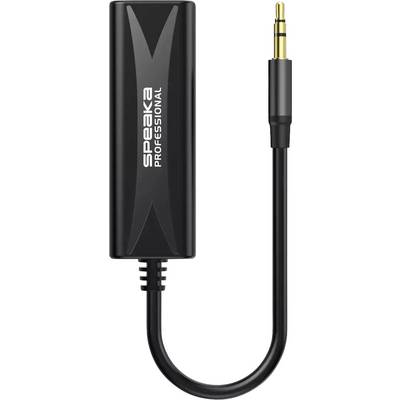 Črni kabel za profesionalni zvočni adapter Speak Professional s 3,5 mm priključkom in vgrajenim kontrolnim modulom z oznako 'Speak Professional'.