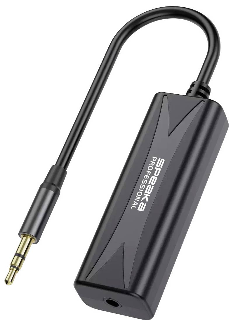 Črni Sabrent avdio adapter s kratkim kablom in 3,5 mm moški priključkom, namenjen povezovanju slušalk ali zvočnikov.